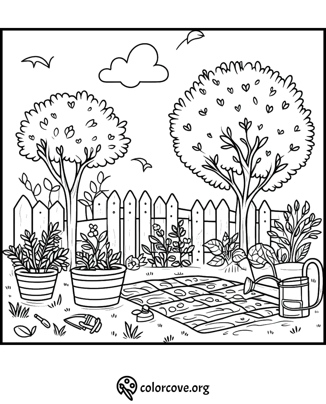 Coloring page featuring a garden with trees, potted plants, a watering can, and a picket fence. Ideal for kids and adults.