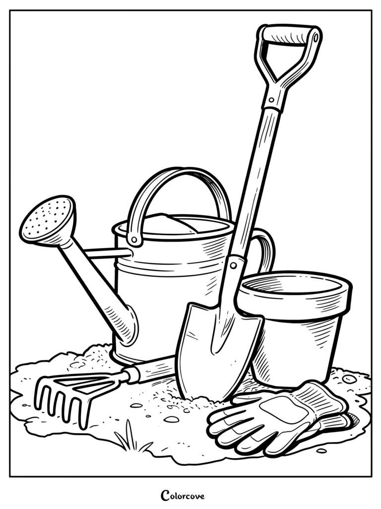 A black and white coloring page featuring a watering can, shovel, hand rake, flower pot, and gardening gloves on soil.