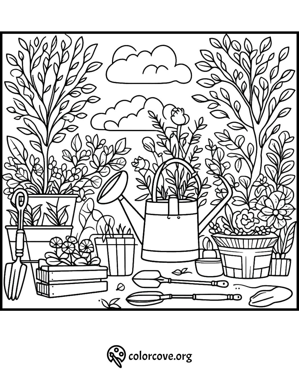 Gardening tools and potted plants coloring page with watering can, flowers, and gardening gloves. Perfect for relaxation.