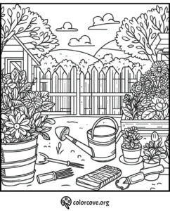 Garden-themed coloring page with flowers, watering can, gardening tools, and a wooden fence background.