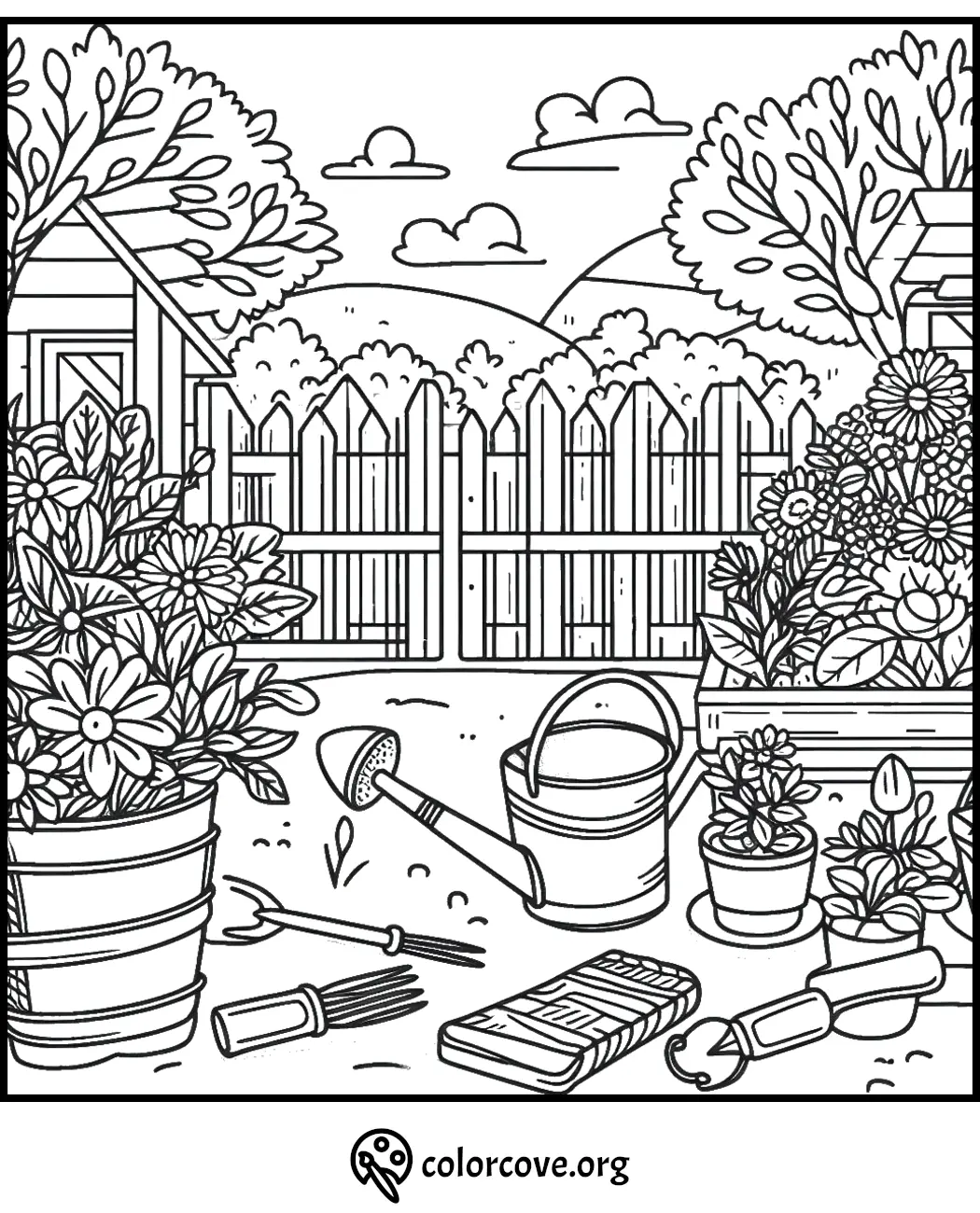 Garden-themed coloring page with flowers, watering can, gardening tools, and a wooden fence background.