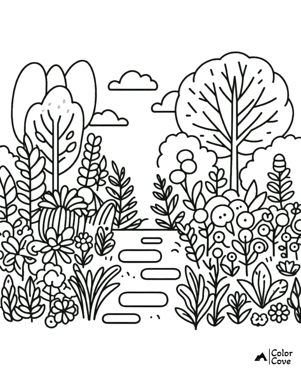 Coloring page with a garden scene featuring various plants, flowers, trees, and a stone path under a partly cloudy sky.