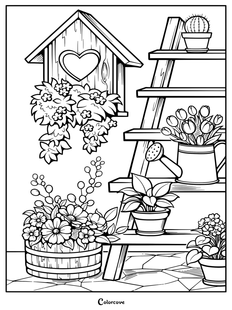A garden coloring page featuring a wooden ladder holding potted tulips, a cactus, and a watering can, with a heart-shaped birdhouse and a wooden barrel of flowers nearby.