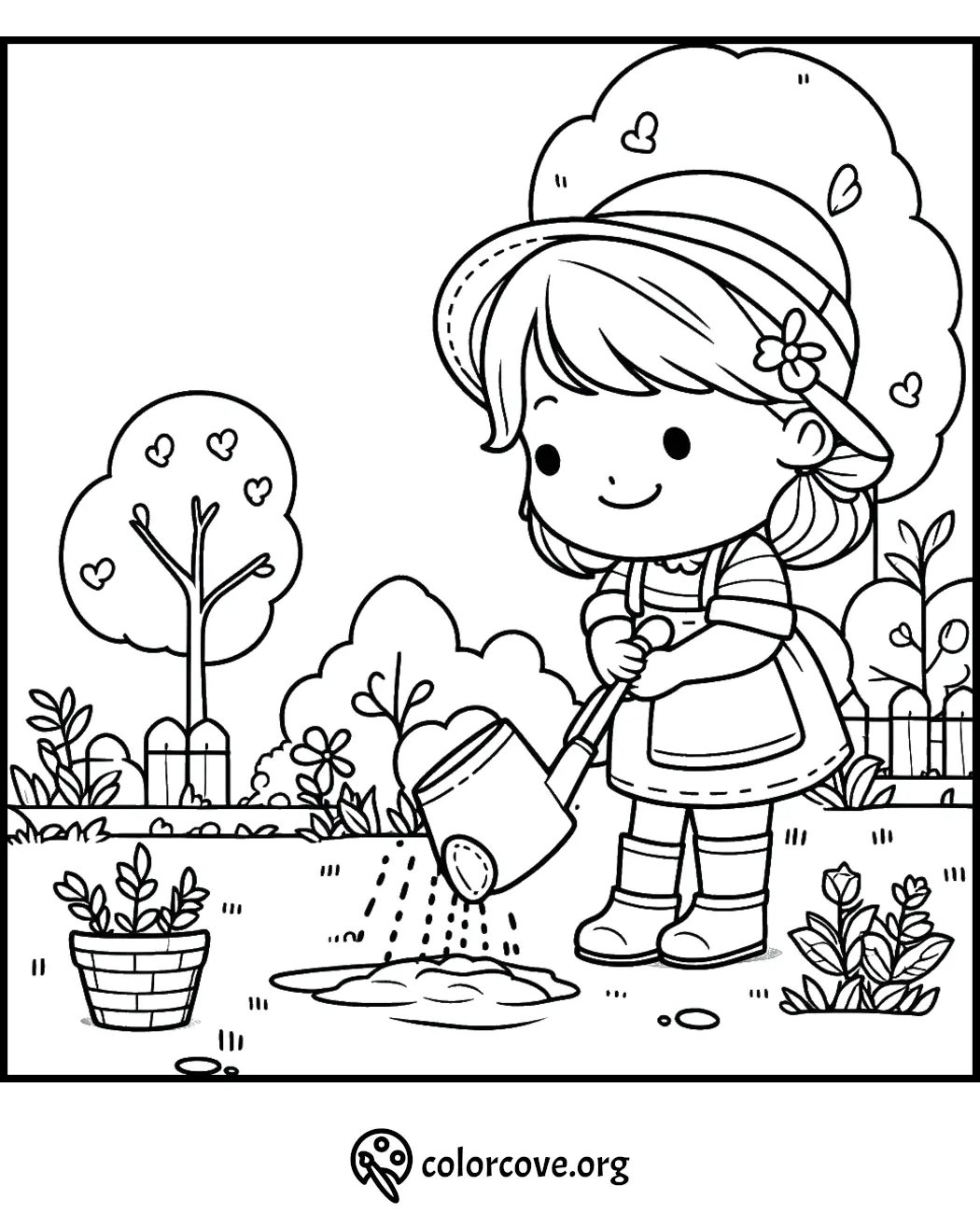 Little girl watering flowers in a garden, wearing a hat and dress. Cute coloring page for kids from colorcove.org.