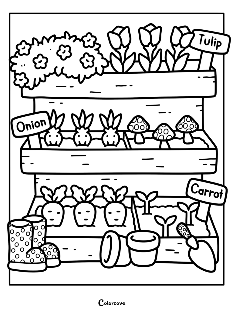 A tiered garden planter coloring page featuring labeled sections for tulips, onions, mushrooms, and carrots with gardening tools.