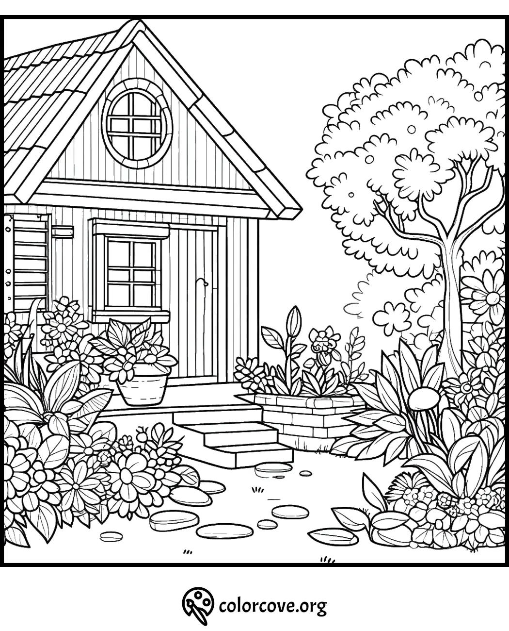 Coloring page with a cozy cottage, flower garden, stepping stones, tree, and bushes. Ideal for relaxing and creative activities.