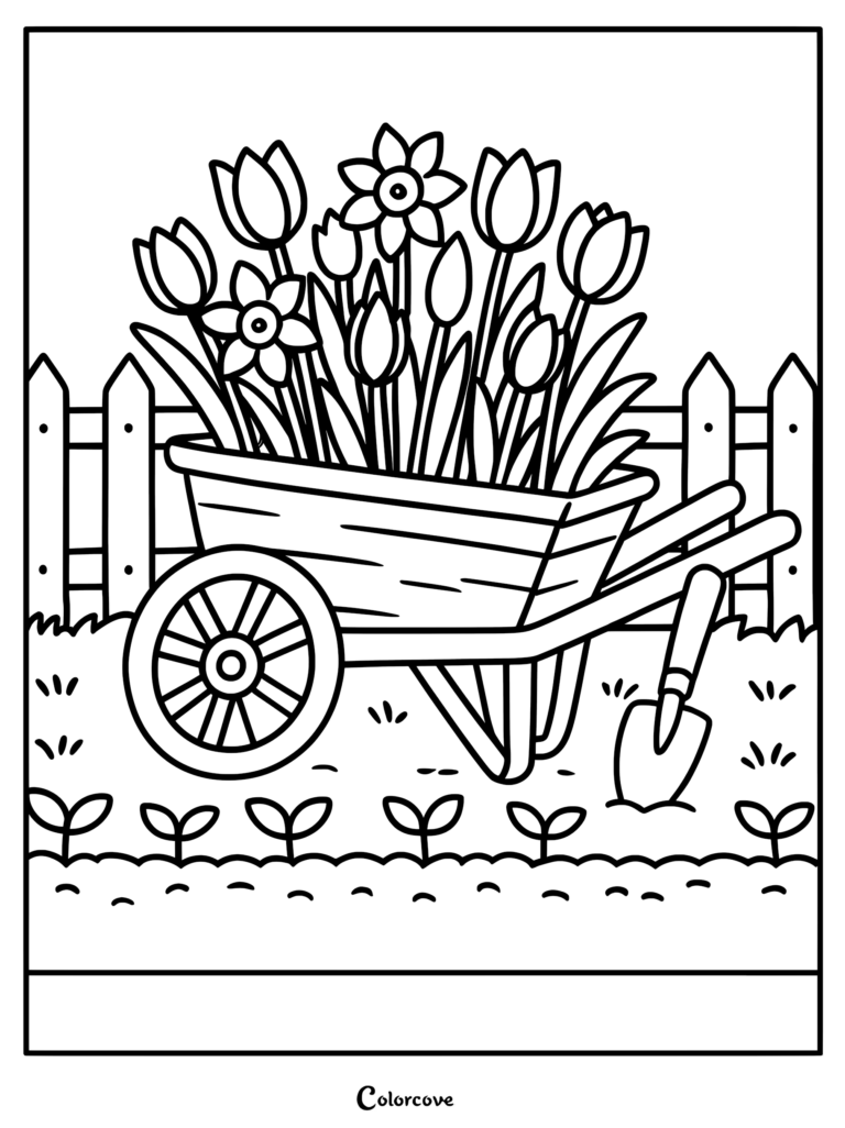 A wooden wheelbarrow filled with tulips and daffodils in a garden with a picket fence and shovel, coloring page.