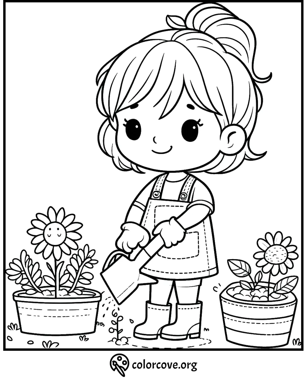 Coloring page of a cute girl watering flowers in a garden, wearing overalls and boots. Download at colorcove.org.