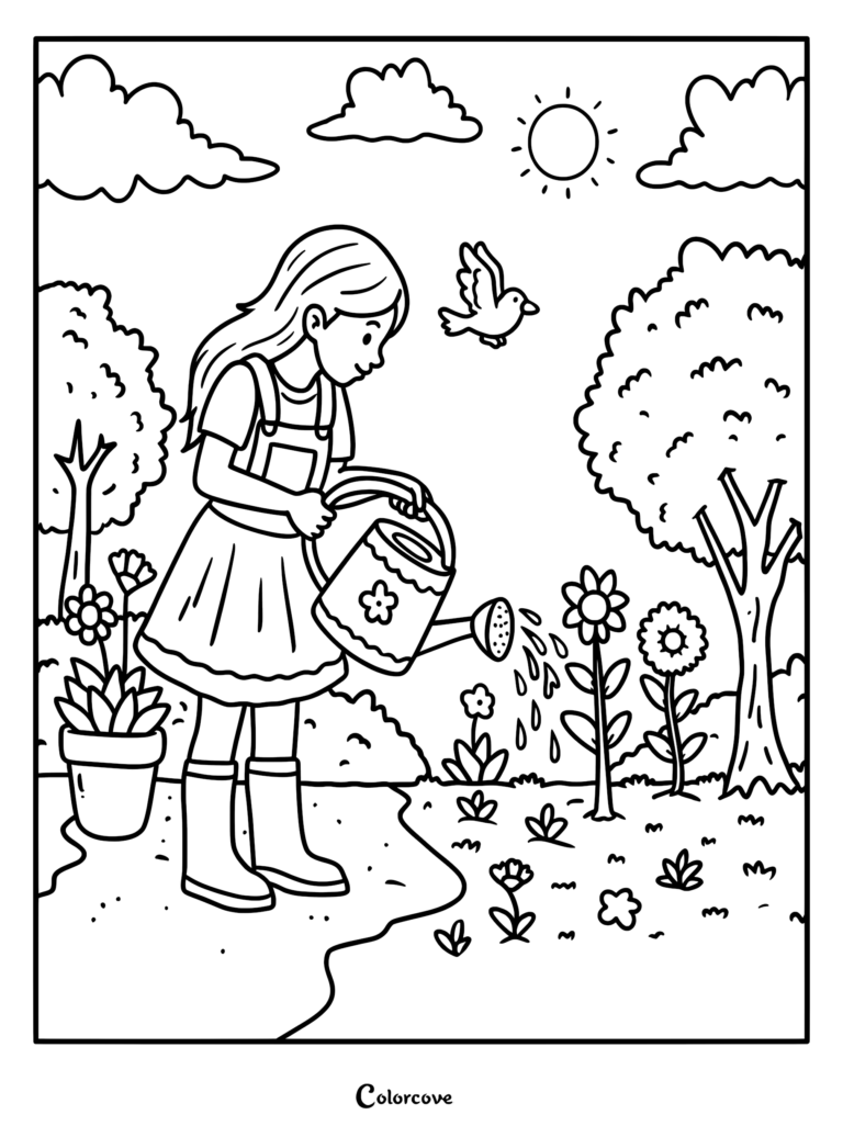 A girl in overalls and boots watering flowers with a floral watering can in a sunny garden coloring page.
