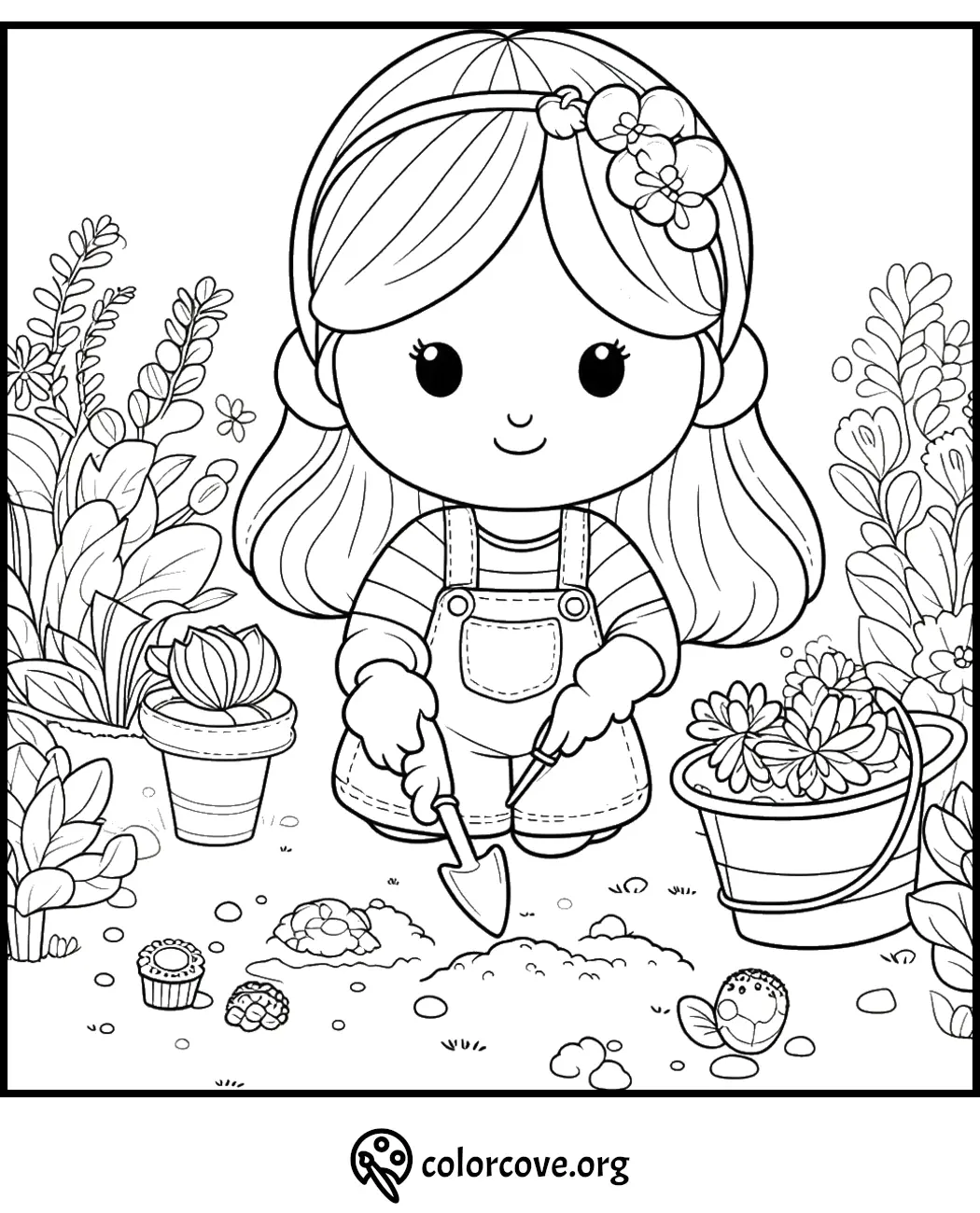 Coloring page of a cute girl gardening with flowers, plants, and a shovel. A perfect printable for kids.