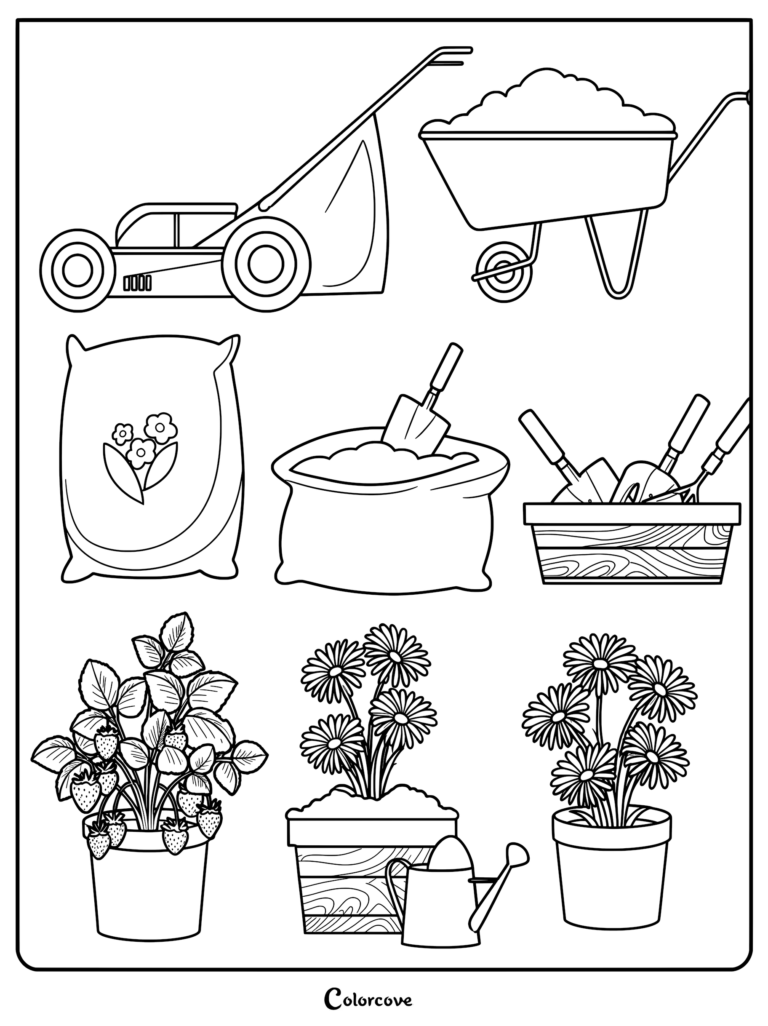 A collection of garden items including a lawnmower, wheelbarrow, soil bags, tools in a crate, strawberry plant, and potted flowers on a coloring page.