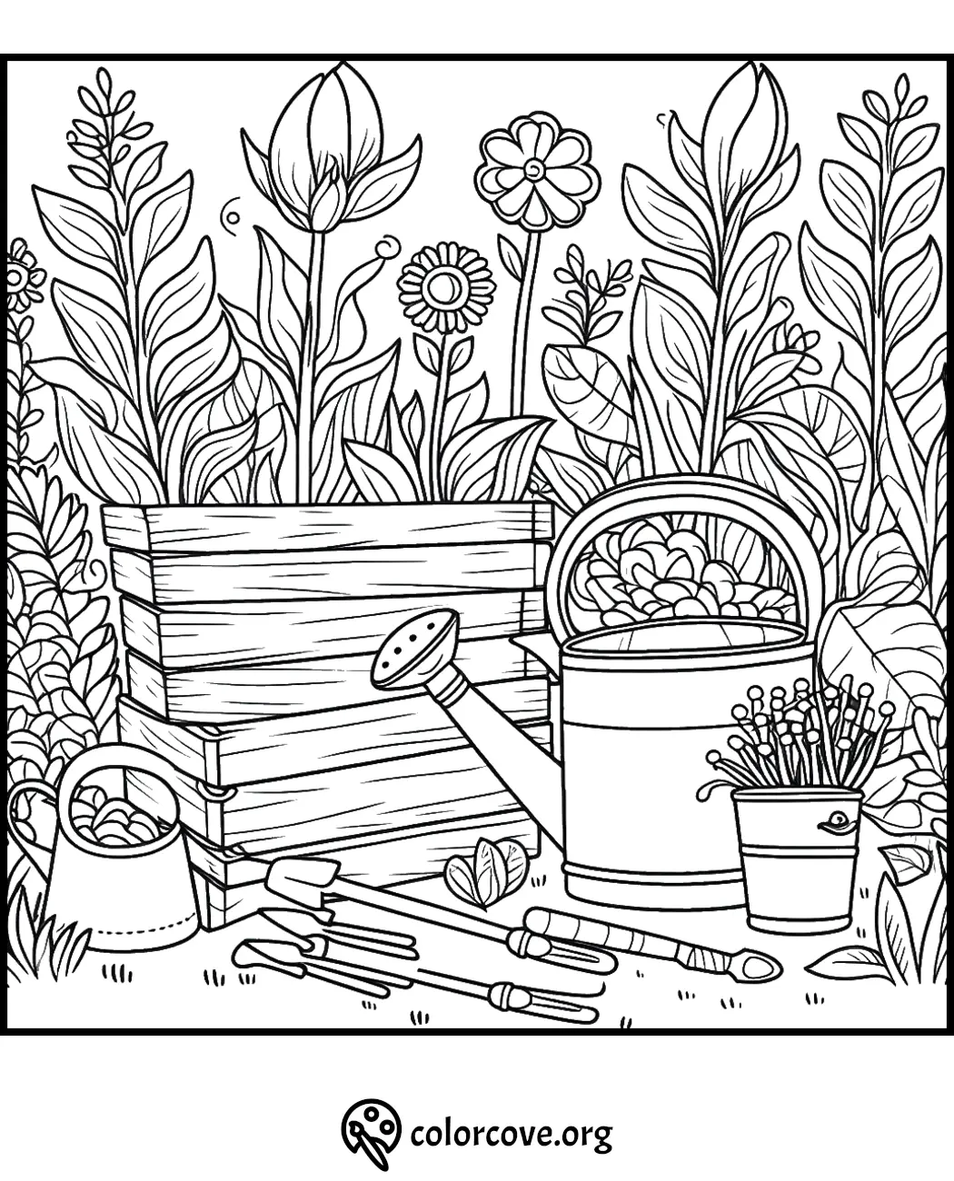 Gardening tools and flowers coloring page with watering can, pots, and blossoms. Printable for kids at colorcove.org.