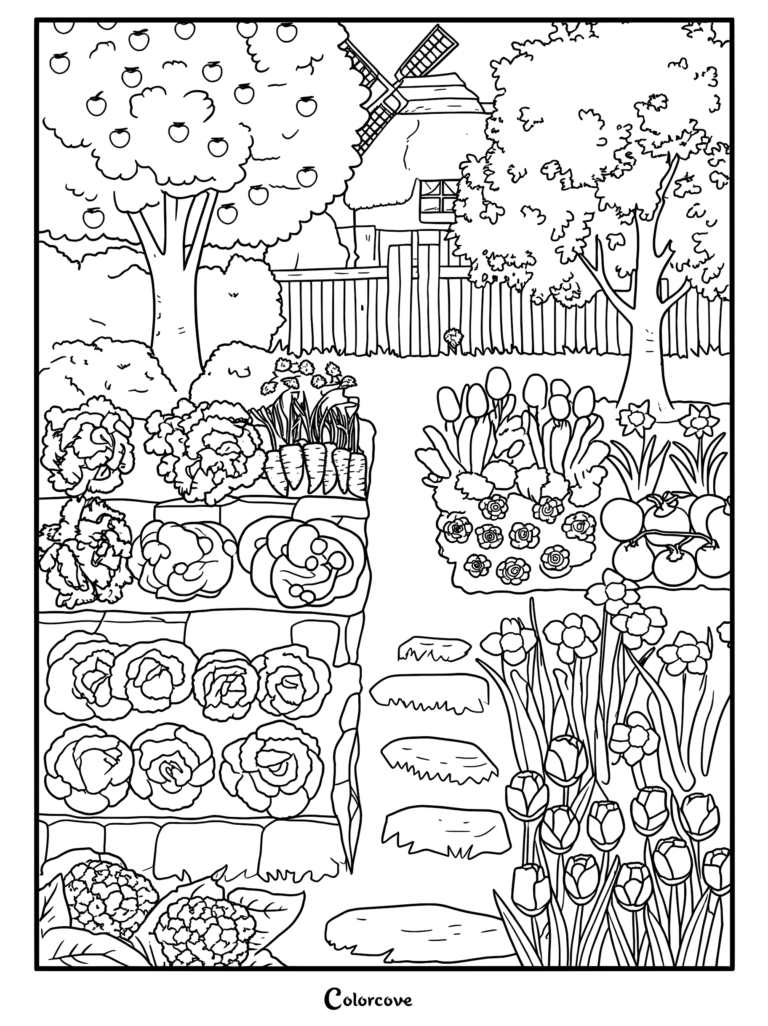 A detailed coloring page featuring a lush garden with rows of vegetables, blooming tulips, stepping stones, and a windmill in the background.