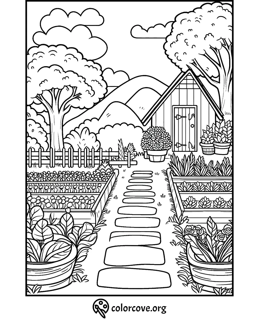 A serene garden coloring page featuring a cabin surrounded by trees and plants, ideal for stress relief and relaxation.