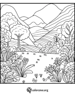 Coloring page with a scenic landscape featuring hills, trees, flowers, and bushes in a detailed and intricate line art style.