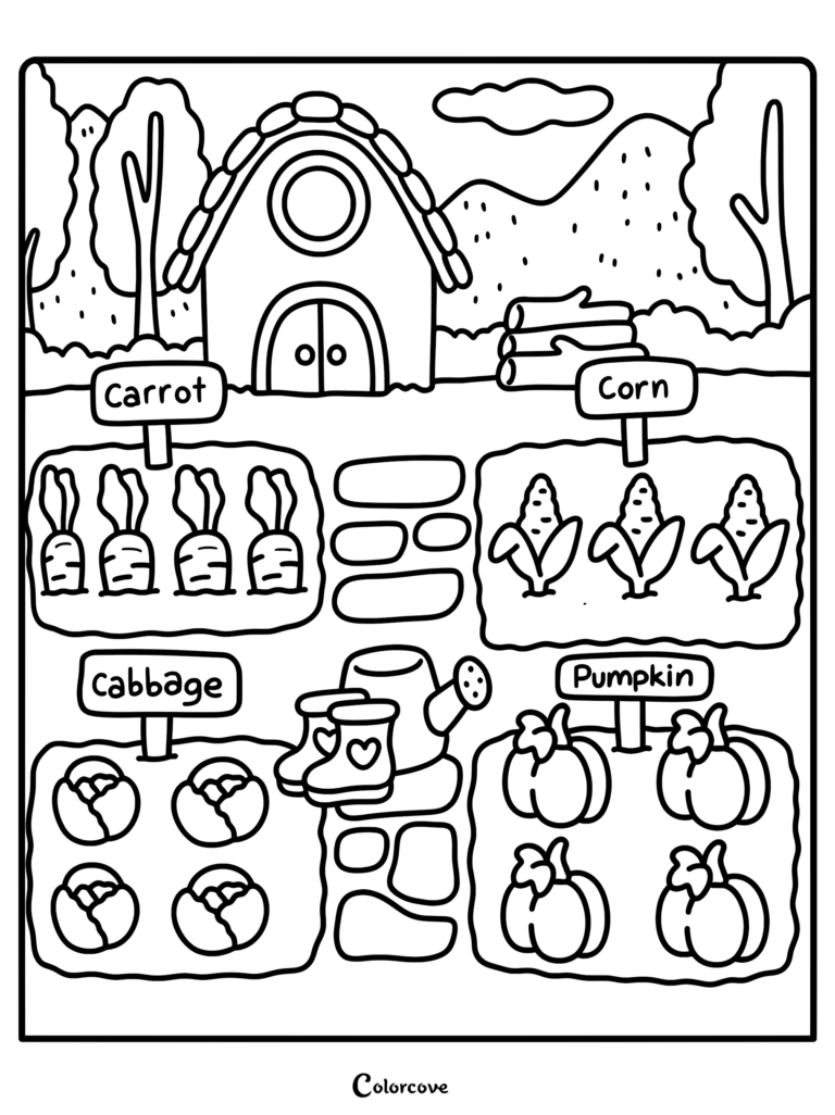 A vegetable garden coloring page featuring labeled rows of carrots, corn, cabbage, and pumpkins with a small shed, watering can, and boots.