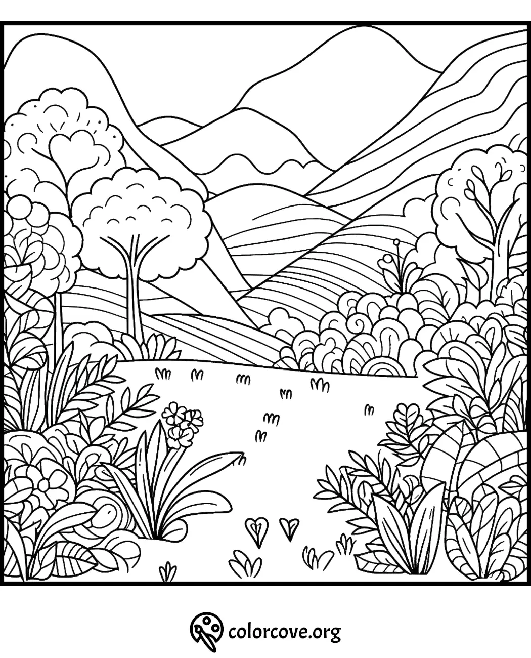 Coloring page with a scenic landscape featuring hills, trees, flowers, and bushes in a detailed and intricate line art style.