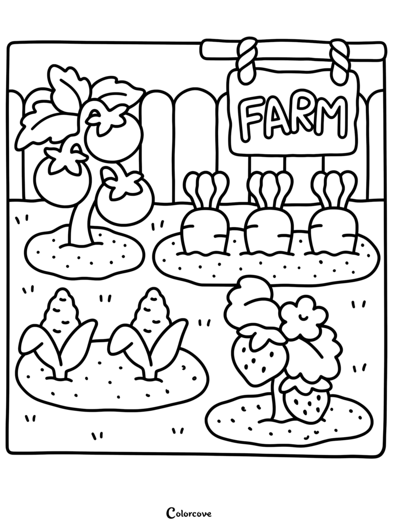 A printable coloring page featuring a farm garden with tomatoes, carrots, corn, and strawberries under a wooden farm sign.
