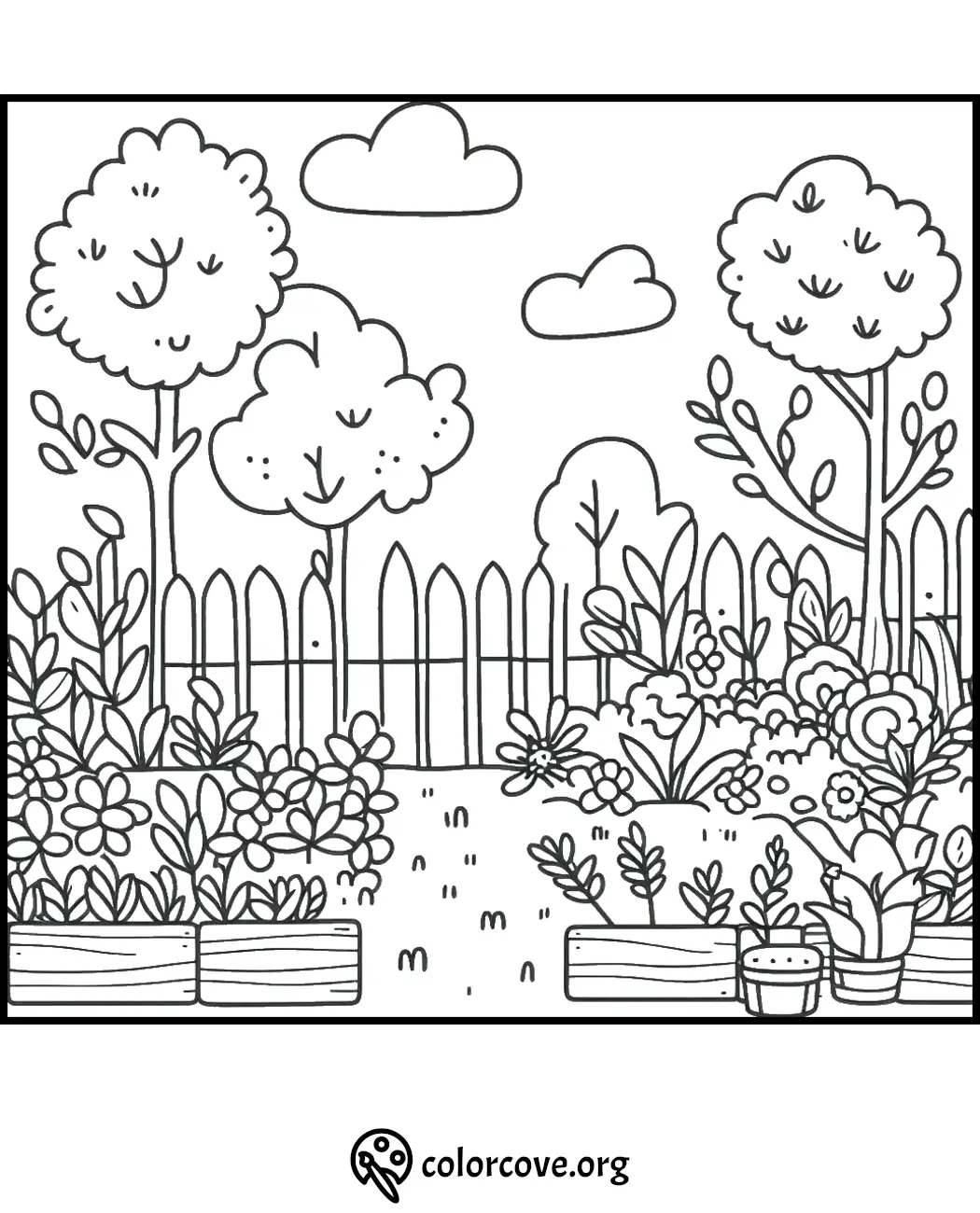 Coloring page of a garden with trees, flowers, and a picket fence on a sunny day with fluffy clouds, by colorcove.org.