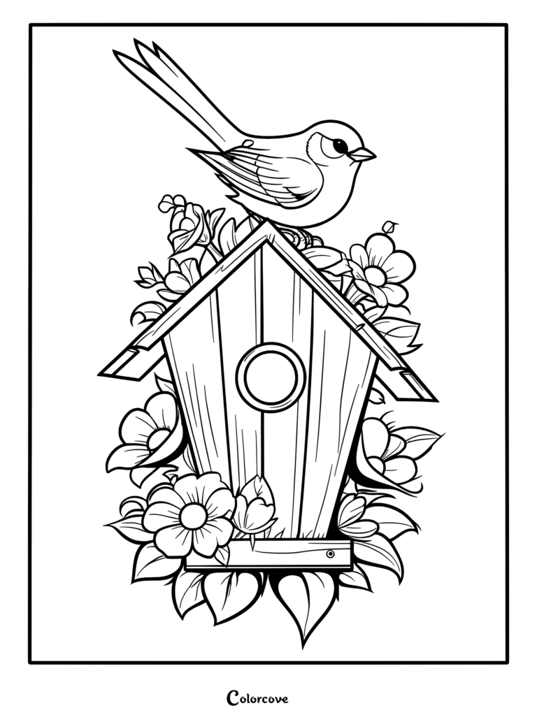 A small bird resting on top of a wooden birdhouse surrounded by blooming flowers in a garden coloring page.