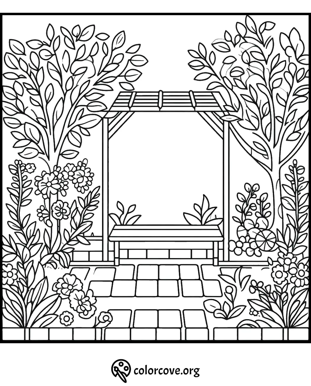 Beautiful garden scene coloring page with a bench, pergola, and various plants and flowers. Perfect for relaxation and creativity.