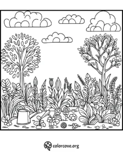 Coloring page of a vibrant garden with tall trees, diverse plants, flowers, watering can, mushrooms, and fluffy clouds above.