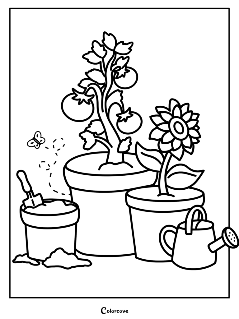 A coloring page featuring a tomato plant and a sunflower in pots, with a small shovel, watering can, and a butterfly.