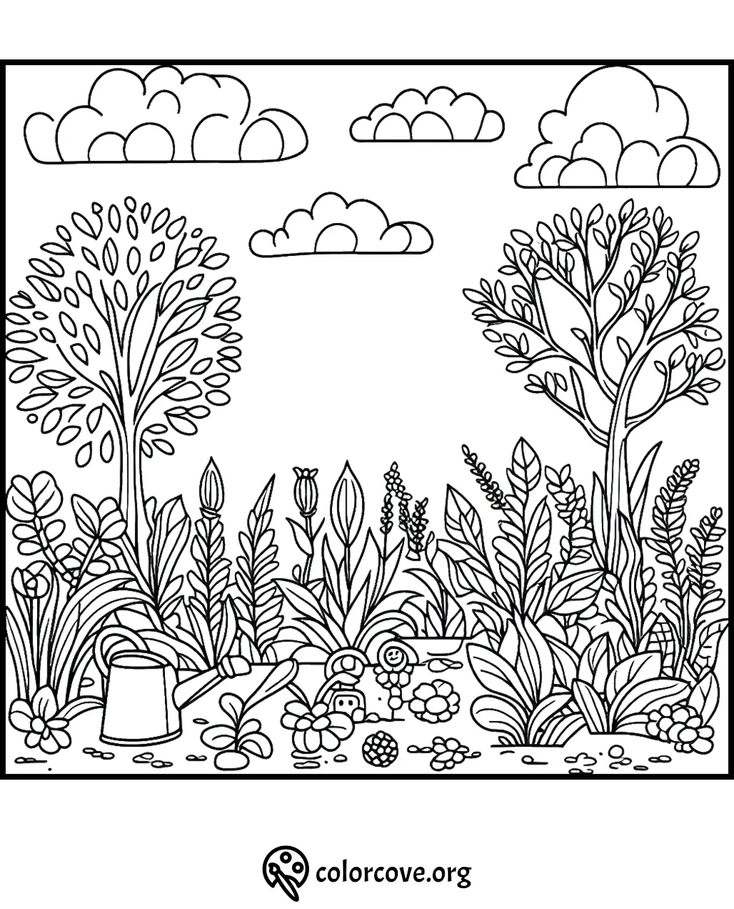 Coloring page of a vibrant garden with tall trees, diverse plants, flowers, watering can, mushrooms, and fluffy clouds above.