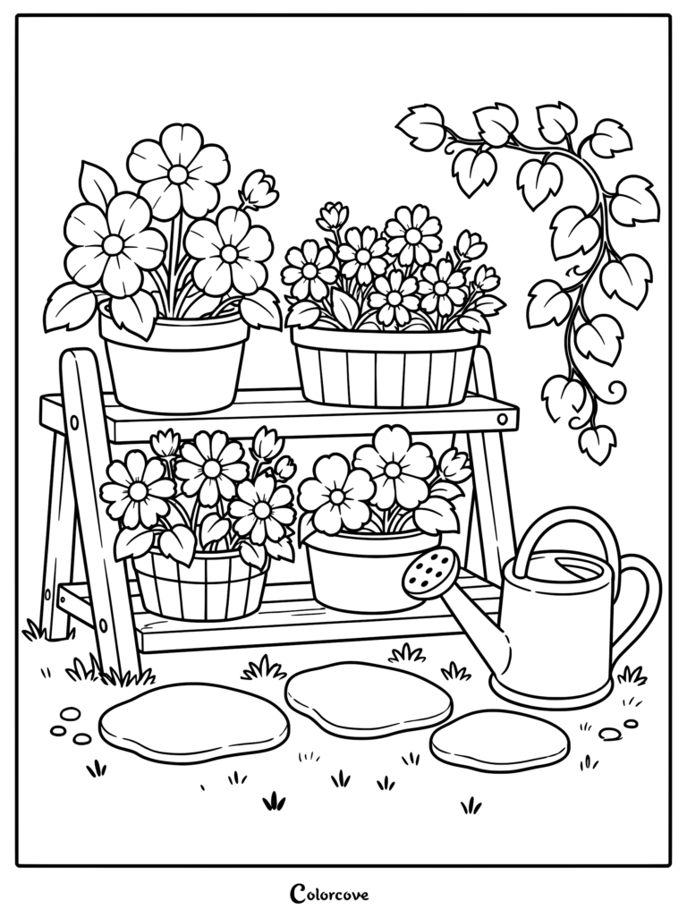 A garden coloring page featuring a two-tiered wooden plant stand holding four pots of blooming flowers, with a watering can and stone path in the foreground.