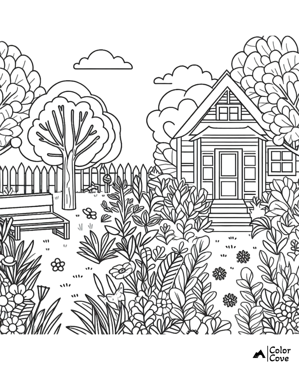 Charming garden scene coloring page featuring a house, trees, bench, and lush foliage under a partly cloudy sky.