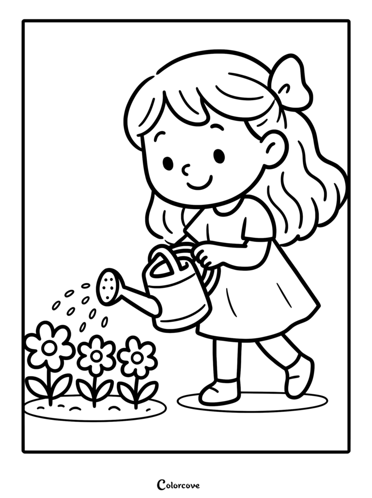 A cute girl with a hair bow using a watering can to water three small flowers in a garden coloring page.