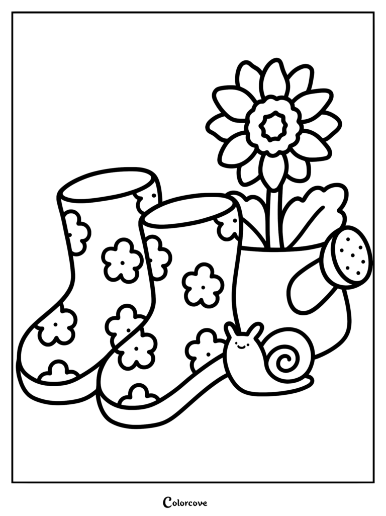 A coloring page featuring a pair of floral patterned rain boots next to a watering can with a flower and a small smiling snail.
