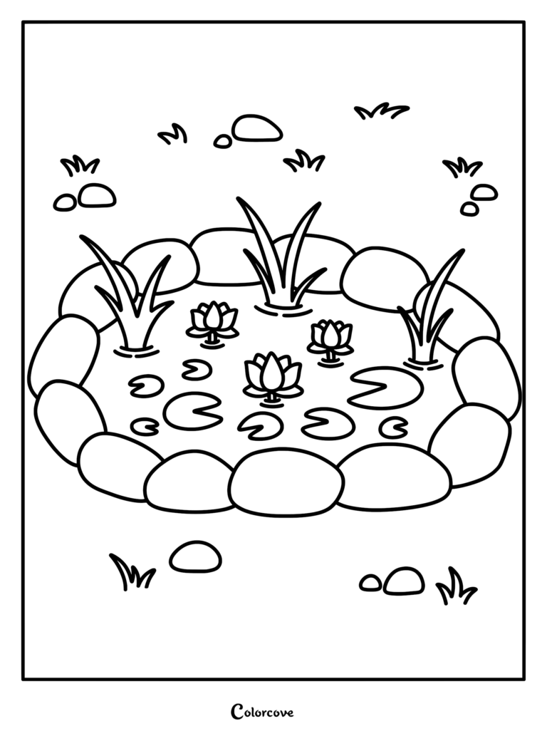 A simple garden pond coloring page featuring stones, water lilies, and lily pads.