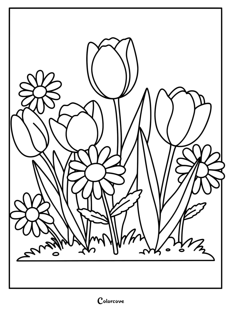 A printable coloring page featuring a cluster of three tulips and four daisies growing in a garden patch.