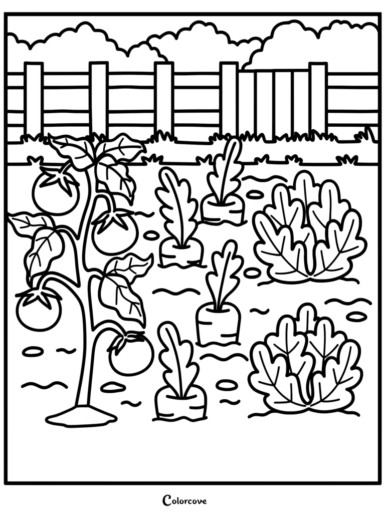A vegetable garden coloring page featuring a tomato plant, leafy greens, and carrots growing in front of a wooden fence.
