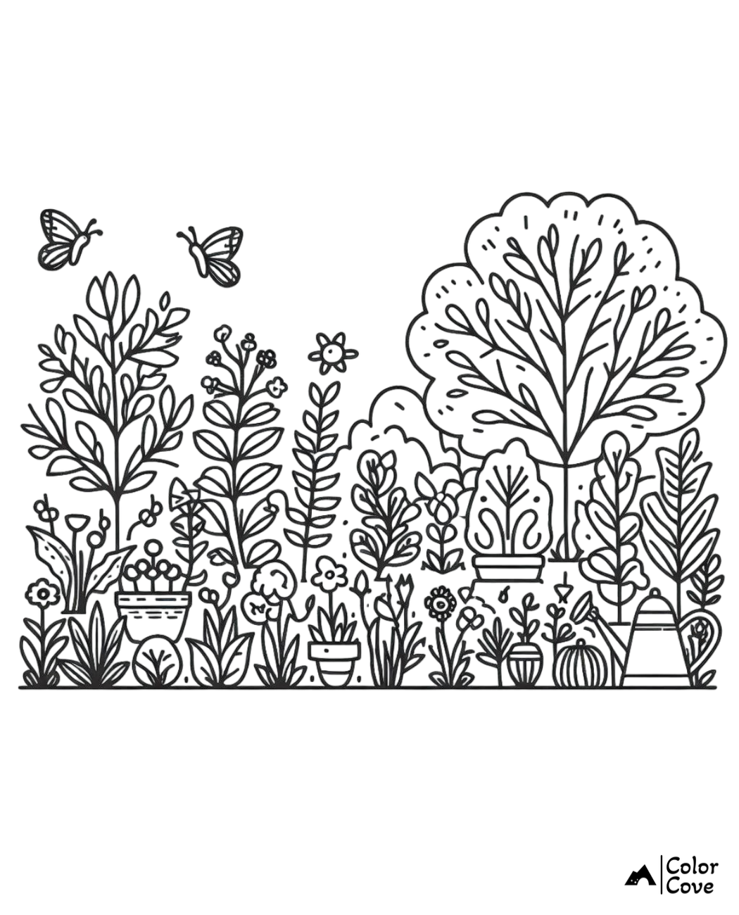 Garden coloring page with flowers, plants, trees, butterflies, a watering can, and flower pots, perfect for kids and adults.