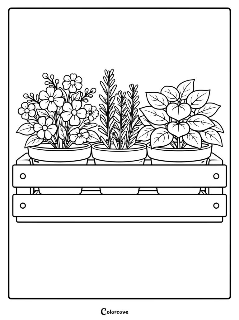 A coloring page featuring three potted plants including flowers, rosemary, and leafy greens sitting inside a rustic wooden crate.