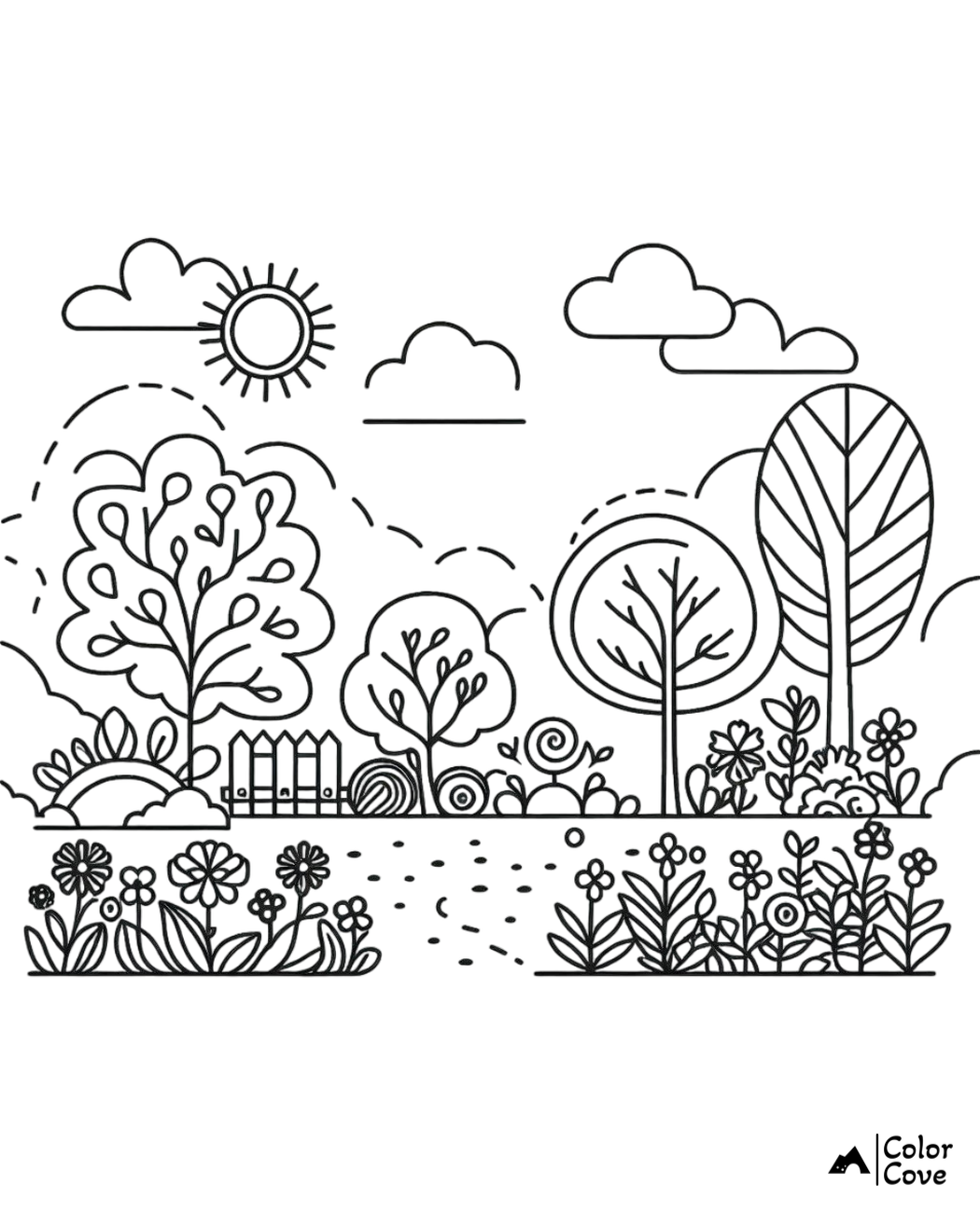 Coloring page of a scenic nature landscape with trees, flowers, a sun, and clouds, designed by Color Cove.