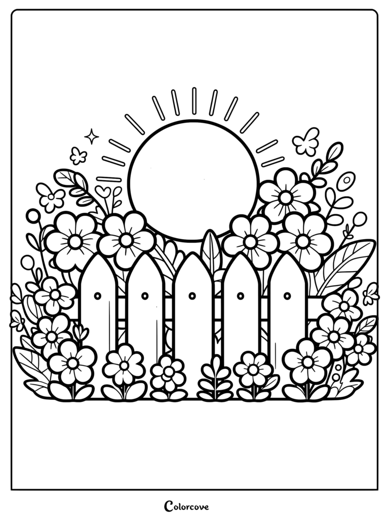 A printable coloring page featuring a wooden picket fence surrounded by blooming flowers under a bright sun.