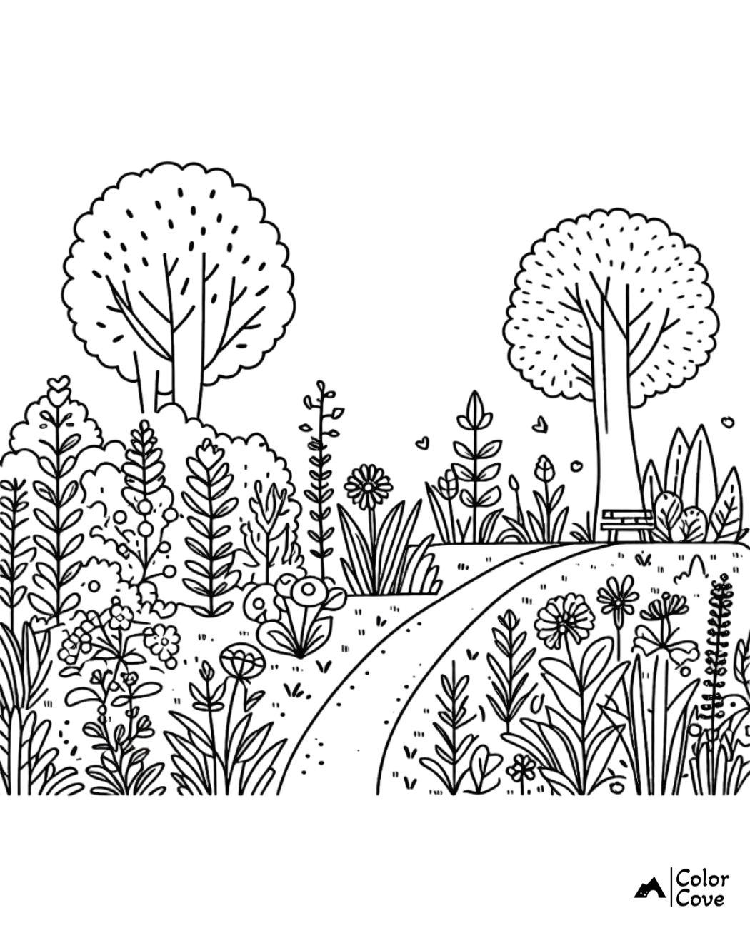 Coloring page with a garden scene featuring trees, a variety of plants, flowers, a pathway, and a bench.