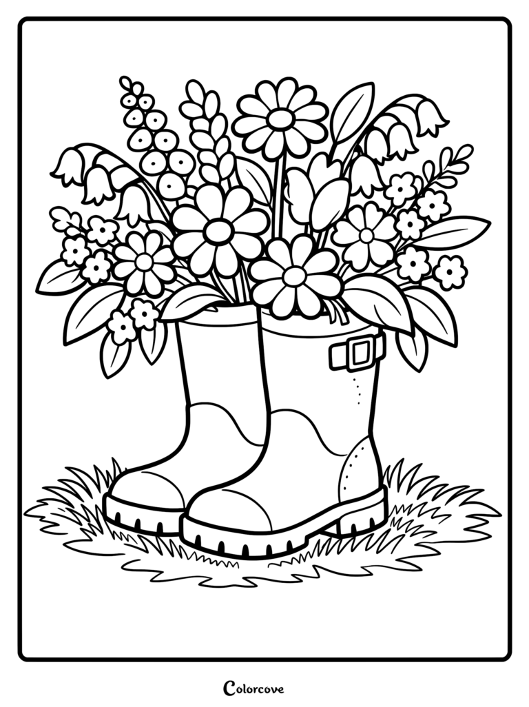 A coloring page featuring a pair of rubber rain boots filled with a lush bouquet of daisies, tulips, and bell flowers sitting on grass.