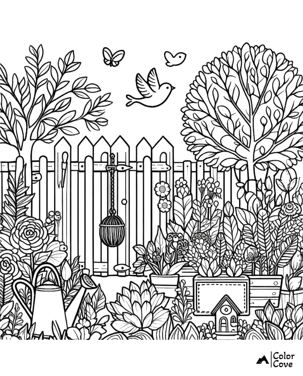 Coloring page of a garden with flowers, trees, birds, butterflies, a fence, and a watering can, designed by Color Cove.