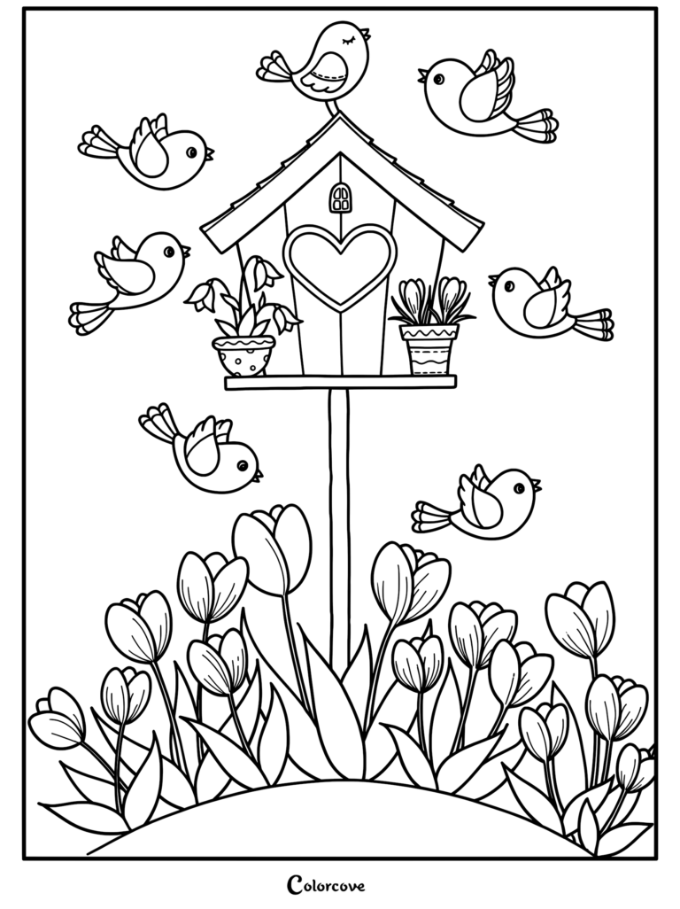 Six birds flying around a heart-shaped birdhouse with potted flowers in a tulip garden coloring page.