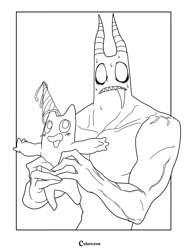 Un Banban infernal y musculoso que sostiene una versión en miniatura de sí mismo en este dibujo para colorear de Garten of Banban.