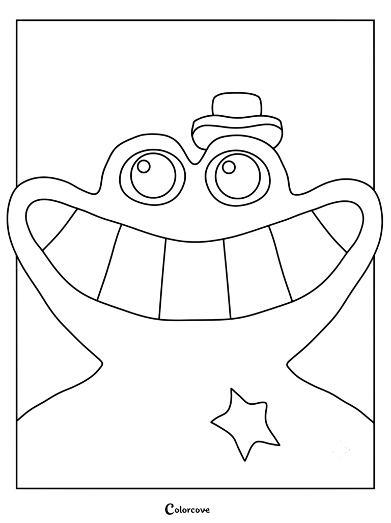 Un dibujo para colorear imprimible con un primer plano de Sheriff Toadster de Garten of Banban usando su sombrero característico y su insignia de estrella.