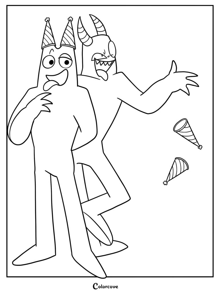 Banban con sombreros de fiesta junto al monstruoso Hellish Banban en este dibujo para colorear imprimible de Garten of Banban.