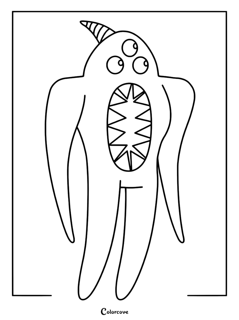 Nabnab de Garten of Banban, un monstruo azul con forma de araña y tres ojos, presentado en un dibujo para colorear imprimible.