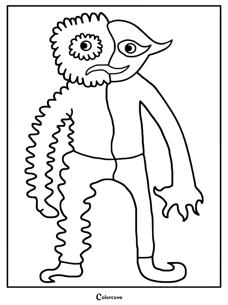 Bittergiggle, la entidad de cuerpo partido de Garten of Banban, mostrada en un formato claro de dibujo para colorear de arte lineal.