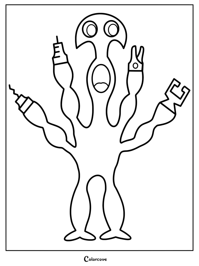 Syringeon de Garten of Banban con múltiples brazos de herramientas médicas en un formato de dibujo para colorear imprimible.