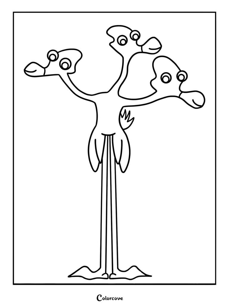 Dibujo para colorear imprimible de Ricky, Ticky y Micky, el monstruo flamenco rosa de tres cabezas de Garten of Banban 4.